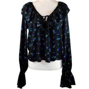 R WeWoreWhat Women's Black Blue Watercolor Ditsy Floral Ruffle Blouse Top NWT M